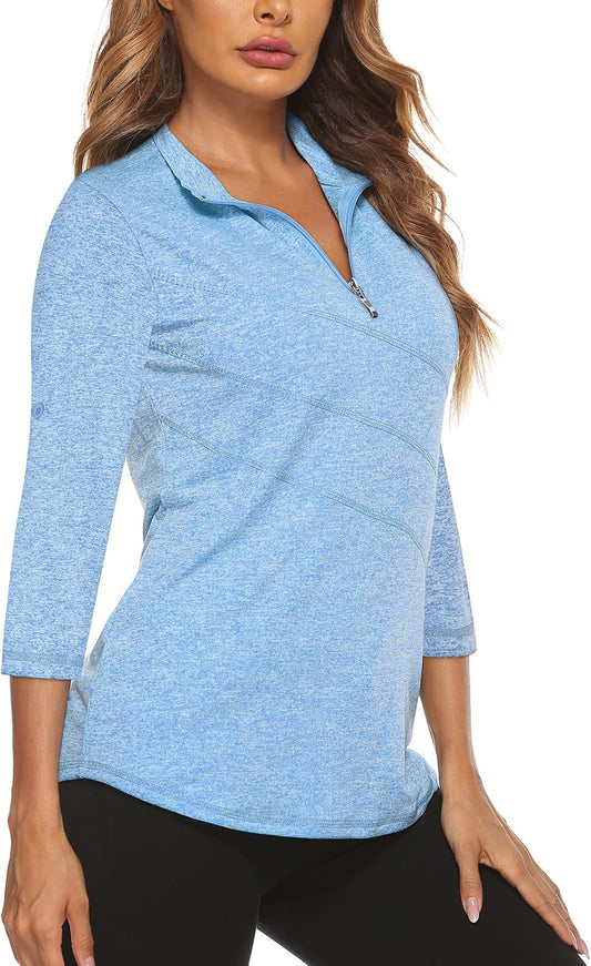 Women'S 3/4 Roll Sleeve Golf Tennis Polo Shirts UPF50+ Half Zip Dry Fit Workout Tops Athletic Shirt